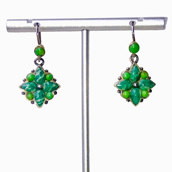 VINTAGE BARSE Green Turquoise Malachite Sterling Silver Floral Drop Earrings - Picture 6 of 9